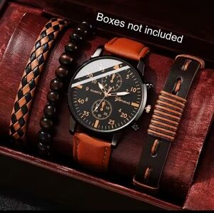 Men's Watch Bracelets Set Leather Braided Layered Brown New f96